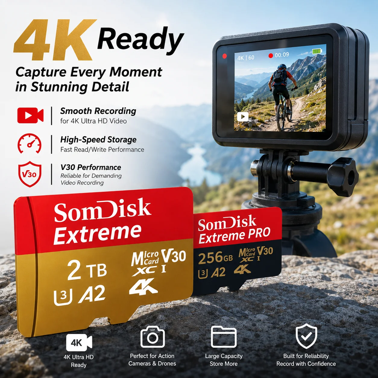 SD 카드 128GB 내구성 메모리 카드 U3 V30 야외 카메라 스포츠 DV 운전 기록 장치용 마이크로 SD 메모리 카드 내구성 있는 소재