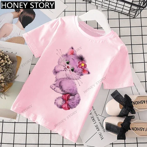 thumbnail image 1 of Camiseta rosa con estampado de gatos de dibujos animados para niños, camiseta de estilo occidental, manga corta para niños y niñas, ropa de Stranger Things, 1 of 5