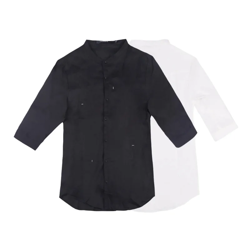 Men's Casual Shirt Fashion Ramie Medium Sleeve Shirt Double Layer Cloth No Pocket Solid Color Formal Shirt