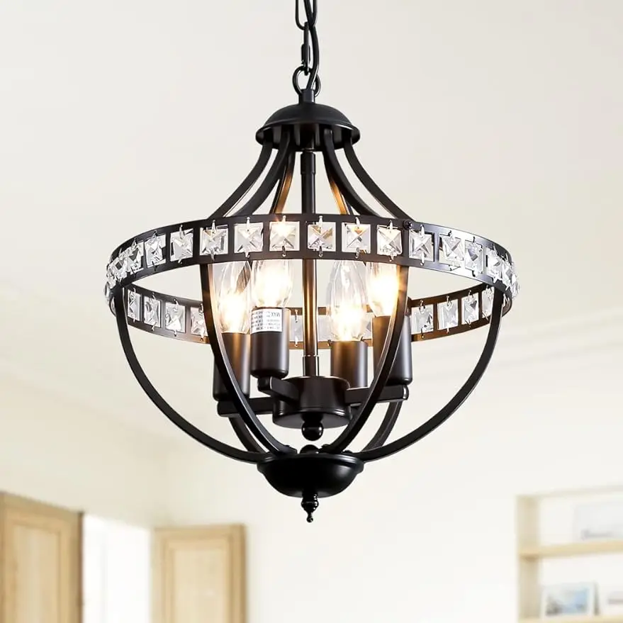 

Crystal Chandelier Light Fixtures, 4-Lights Farmhouse Rustic Vintage Black Pendant Hanging Lighting Ceiling Chandeliers