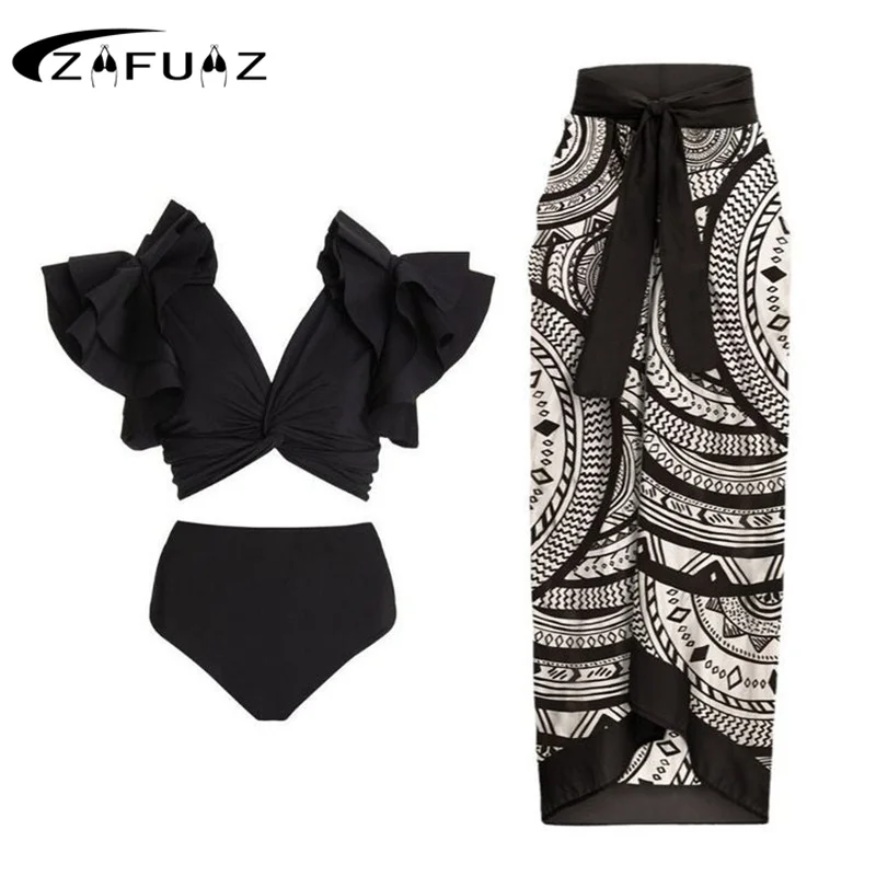 Zafuaz Sexy 2024 Ruffle Due Pezzi Costumi Da Bagno Donna Bikini Costume Da Bagno Estate Spiaggia Gonna Vita Alta Bikini Set Costume Da Bagno Vestito