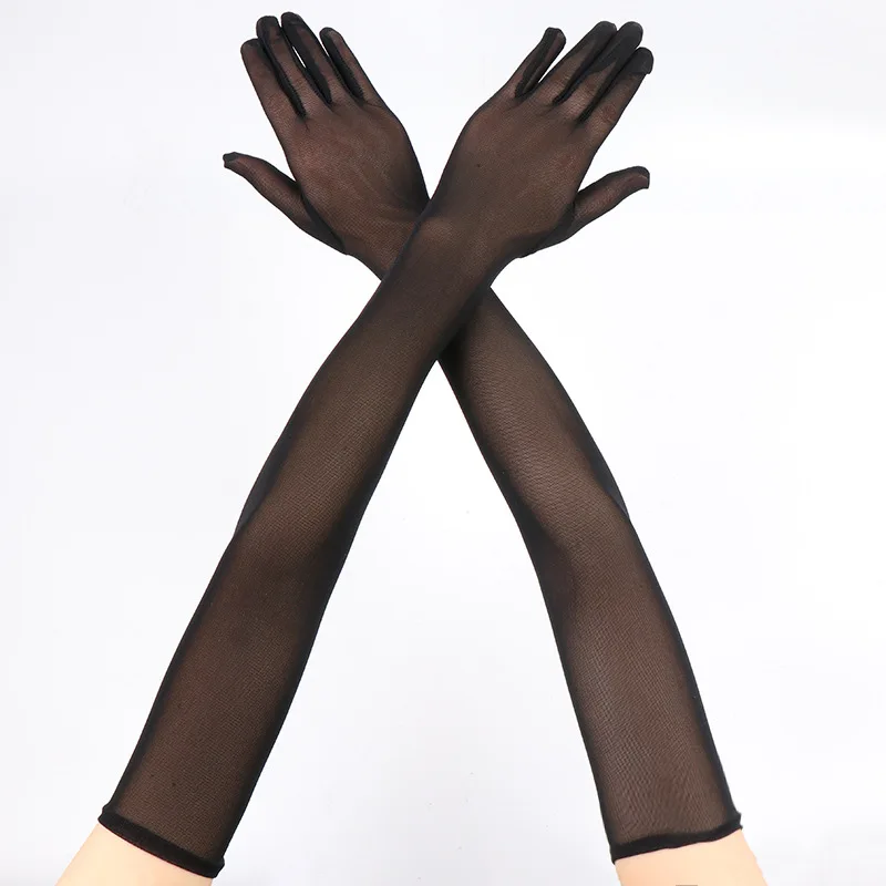 55cm Long Thin High Elasticity Breathable Lace Mesh Sun Protection Women Gloves Sexy Fashion Transparent Drive Etiquette Opera