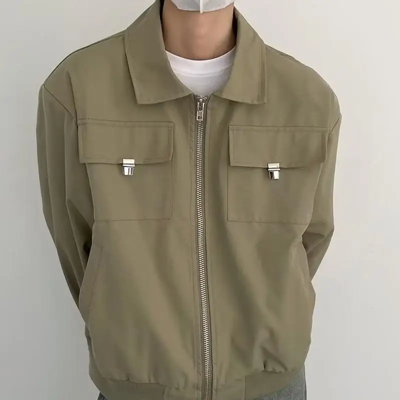 

Autumn Coat Men's Lapel Zippered Jacket Loose Casual High Street Jackets Handsome Vintage Double Pocket Work Tops