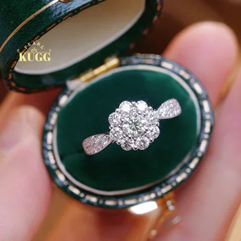 KUGG 18K White Gold Rings Romantic Flower Design 1.1carat Real Natural Diamond Engagement Ring for Women High Wedding Jewelry