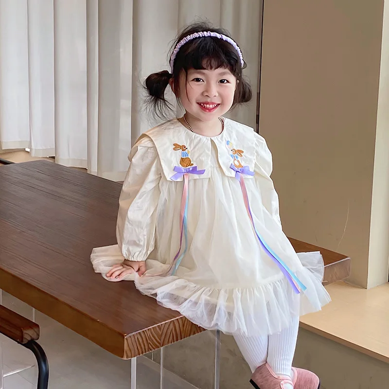 

Повседневные платья для девочек корейские для девочек Осенняя Новинка детская одежда милая сетчатая пряжа с отложным воротником однотонная Милая Красивая