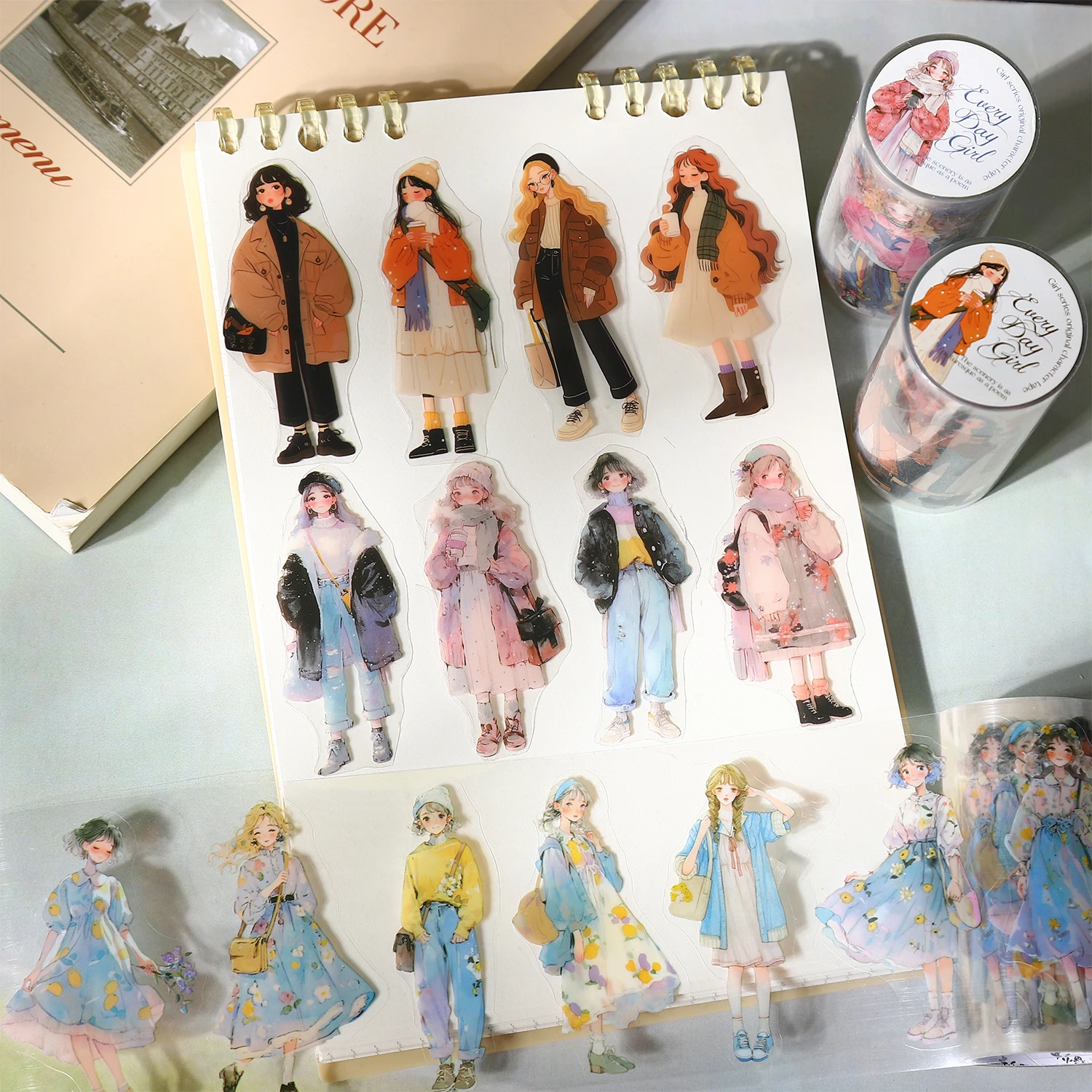 1 롤 패션 소녀 스티커 4 계절 복장 DIY 스크랩북 저널 Washi 테이프 전화 케이스 노트북 장식 귀여운 문구