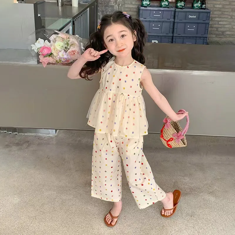 Sommerliches, neues, lässiges, süßes Polka-Dot-Set mit Rundhalsausschnitt, ärmellose Weste und weiter Hose, zweiteiliges Set im koreanischen Stil