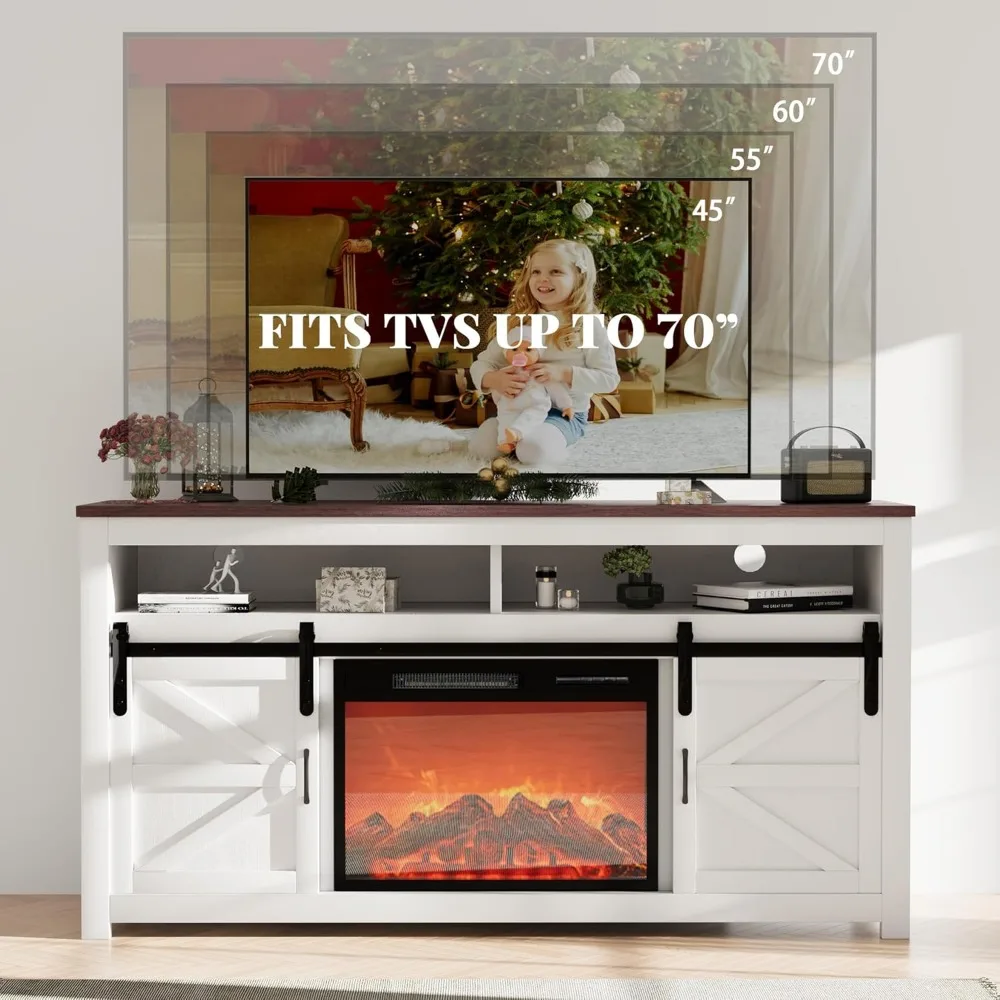 Fireplace TV Stand for TVs Up to 70", Entertainment Center with 23" Electric Fireplace Includes 12 Color Light Options, White TV 4