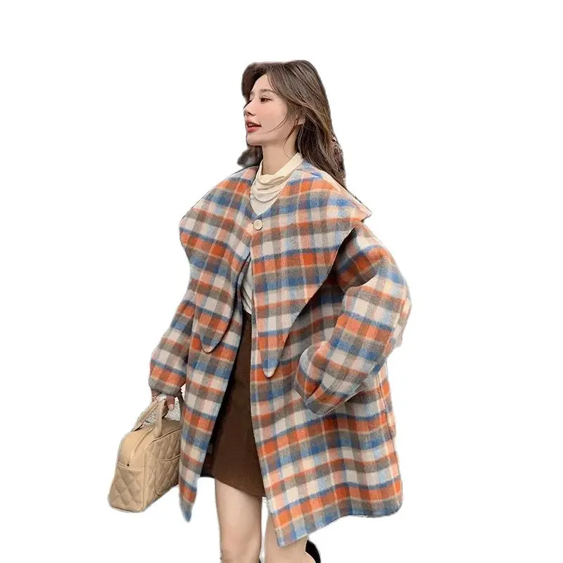 

Autumn Winter Mid-Long Woolen Coat Women 2024 New Fashion Loose Shawl Vintage Check Navy Collar Elegant Button Outerwear Female