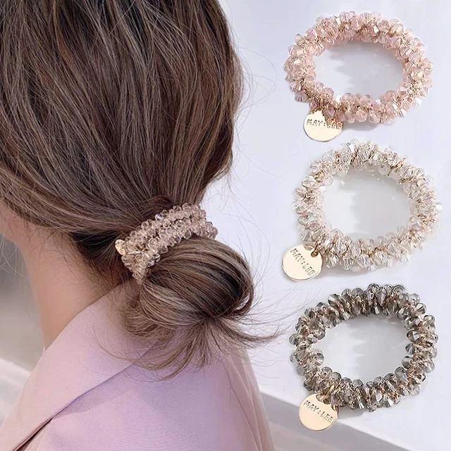 43307-f3b725.jpg Fashion Crystal Pearl Hair Ties High Elastic Beaded Scrunchies Women Girls Ponytail Holder Rubber Band Bohemia Party Headwear