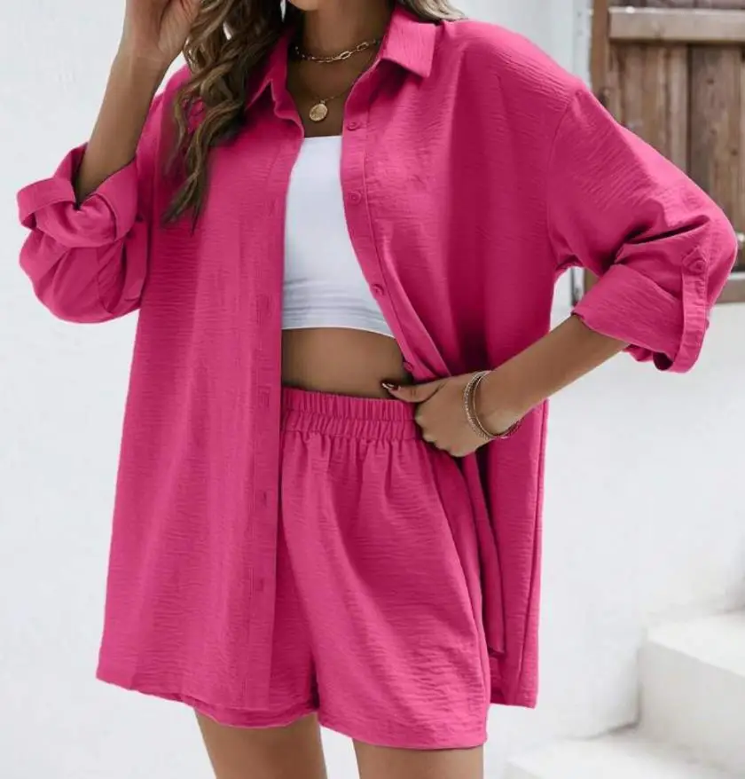 

Women's Suits Summer 2203 Two Pieces Set Polo Long Sleeve Casual Shirt & Fashion Elastic High Waist Shorts Set Female Outfits