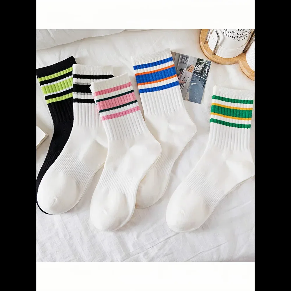 1/5/10 pairs of white socks for women and men, medium-length socks, Korean version socks, casual striped athletic socks for fall and winter