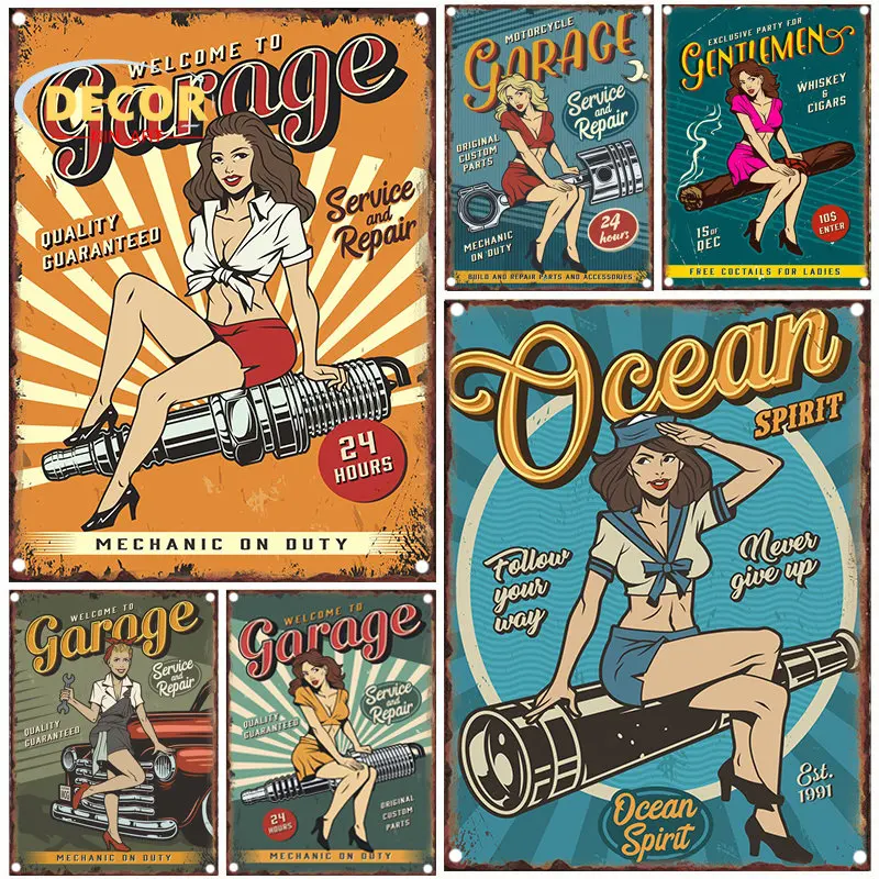 

Retro Repairs Girl Metal Tin Sign for Garage Service Quality Guaranteed Ocean Spirit Painting Wall Decoration Artistic Aesthetic