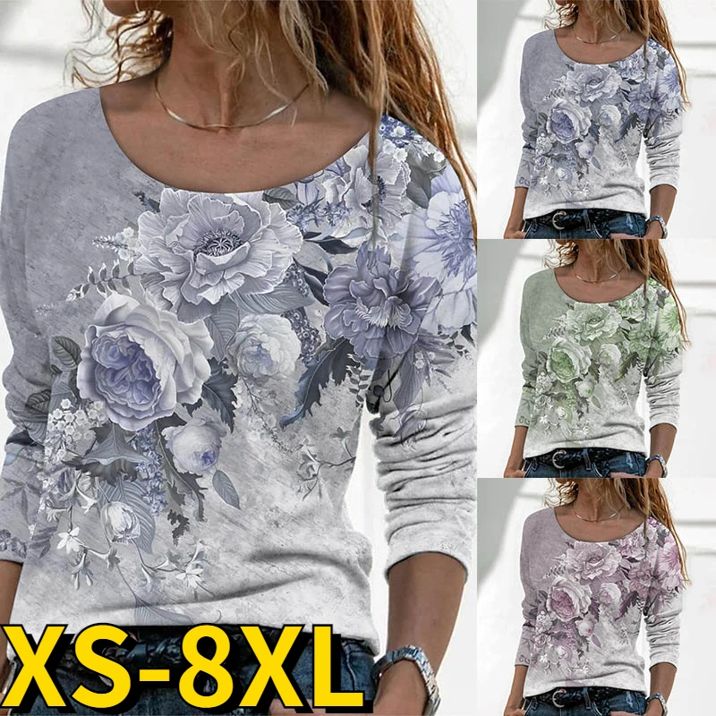 

2022 Autumn Winter Women's Weekend Loose Pullover Everyday Slim Top Round Neck Fashion T-shirt Street Floral Print Long Sleeve