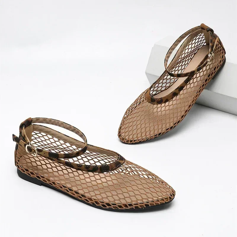 Fashion Hollow Design Mesh Breathable Women's Flats Sexy T-Strap Belt Buckle Ballet Shoe Non-Slip Soft Sole Cozy Shoes for Women women shoes women flats