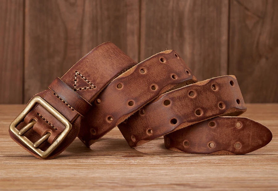 3.8CM Original Handmade Double-needle Buckle Men Belt Made Old Macho Jeans Belt Thick Real Genuine Leather Army Tactical Belt