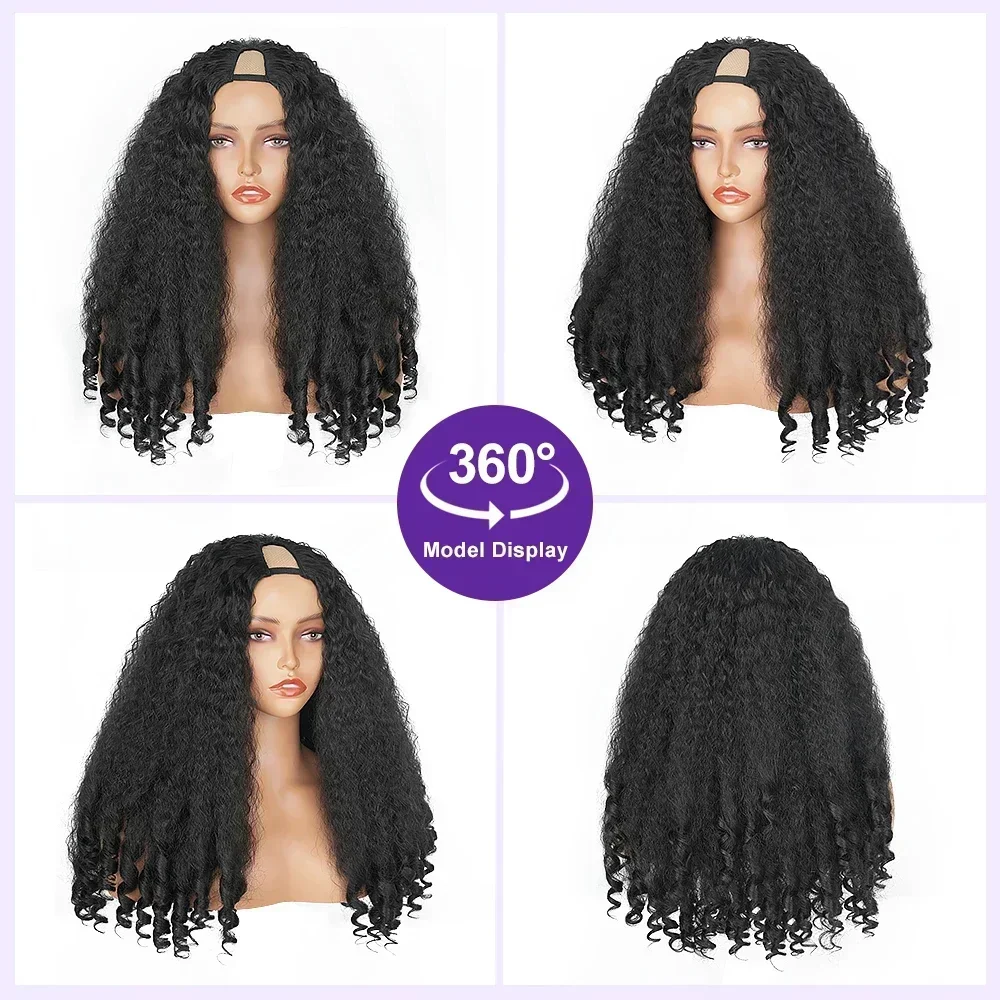 Afro Kinky Straight V Part Wigs with Bouncy Curls Short Synthetic Glueless Wigs for Black Women No Leave Out Clip in Half Wigs 2