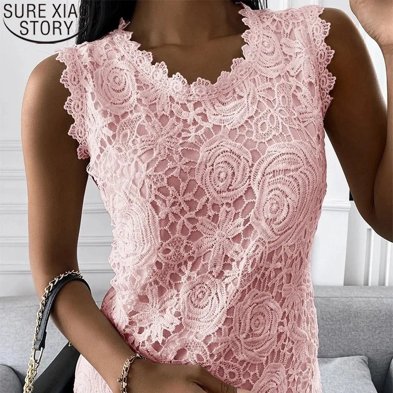 New Summer Lace Blouse Women White Shirt Sleeveless Fashion Hook Flower Hollow Casual Vintage Casual S-5XL Tops Clothes 19312