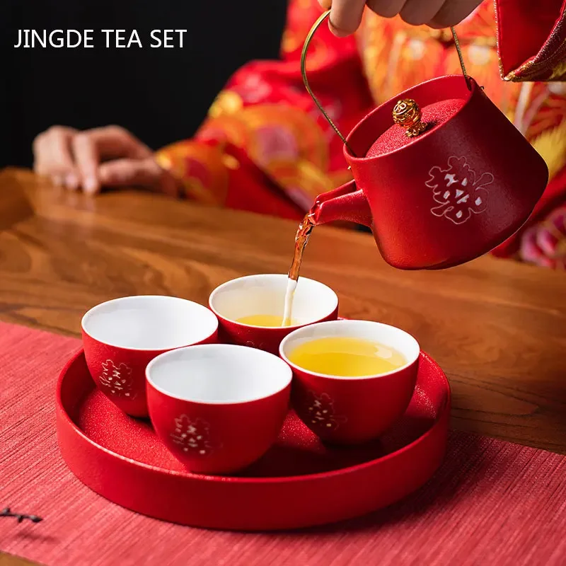 Red Ceramic Double Happiness Tea Pot Set Chinese Wedding Tea Sets Teacup Tray Suit Customized Exquisite Porcelain Teaware Gifts