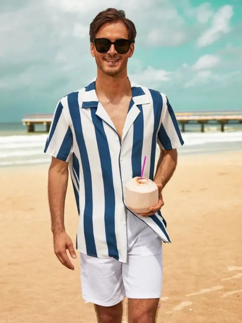 2022 Hot Selling [object Object] Shirt Men New Hawaiian Beach Shirts for Men Refreshing Stripe High Quality Single Buckle Shirts фабула предмета the plot of an object