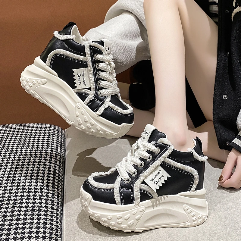 High Heel White Lace Up Platform Sneakers Women's Chunky Platform