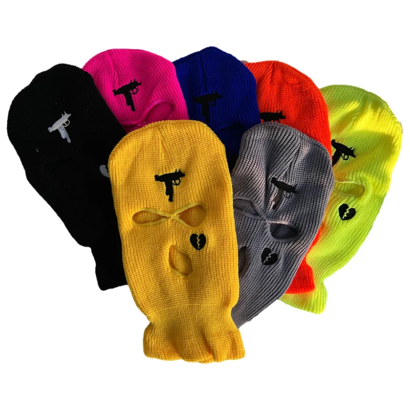 3 Hole Balaclava Full Face Mask Gun Broken Heart Embroidery