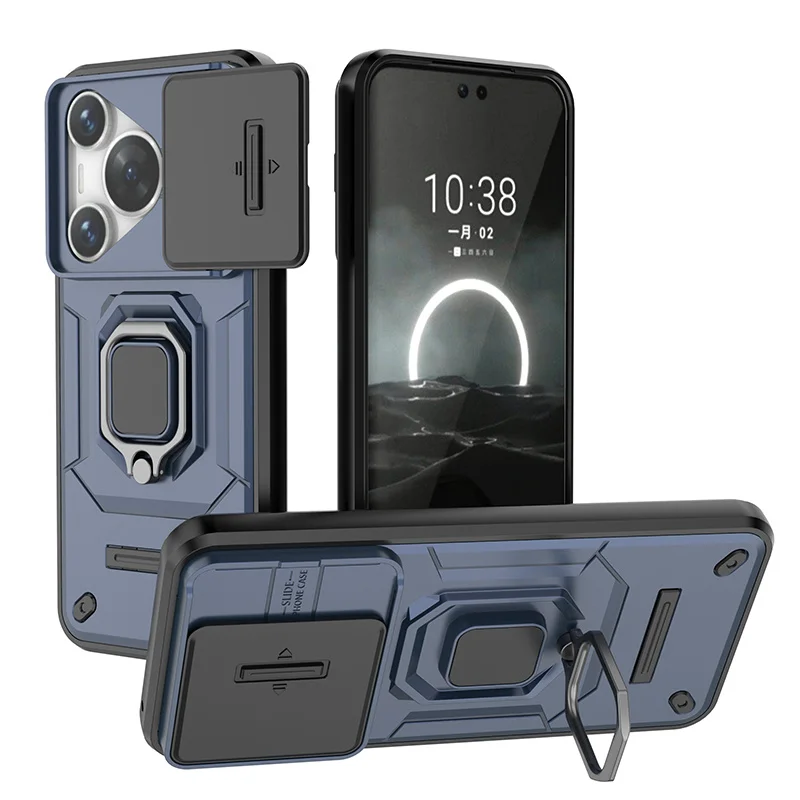 Shockproof Armor Phone Case with Slide Camera Lens Protector and Built-In Ring Stand
