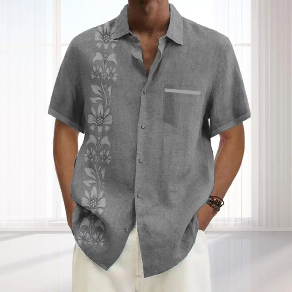 

Printed Men Shirt Flower Print Men's Streetwear Loose Fit Lapel Shirt with Patch Pocket Single Breasted Short Sleeve for Summer