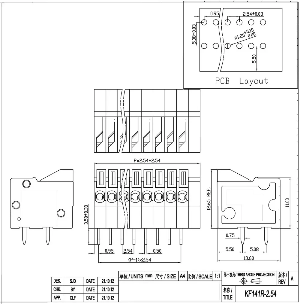 Description Picture 2 of item10Pcs 2.54mm Pitch KF141V KF141R Push-in Spring Screwless Terminal Block Straight/Bent Foot 1/2/3/4/5/6/7/8/9/10P PCB Connector