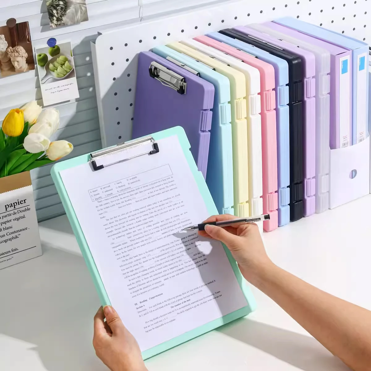 File Box A4 Data Box with Board Clip Study Office Universal Storage Test Paper Two in One PP Plastic Morandi Color Series
