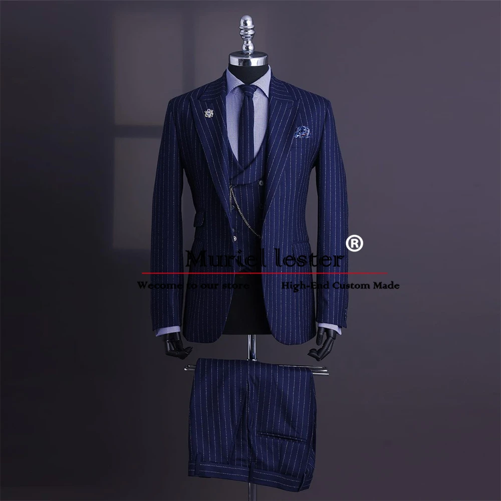 

Classic Navy Blue Suit Men Business Office Peak Lapel Ivory Pencil Stripe Jacket Vest Pants 3 Pieces Formal Groom Wedding Tuxedo