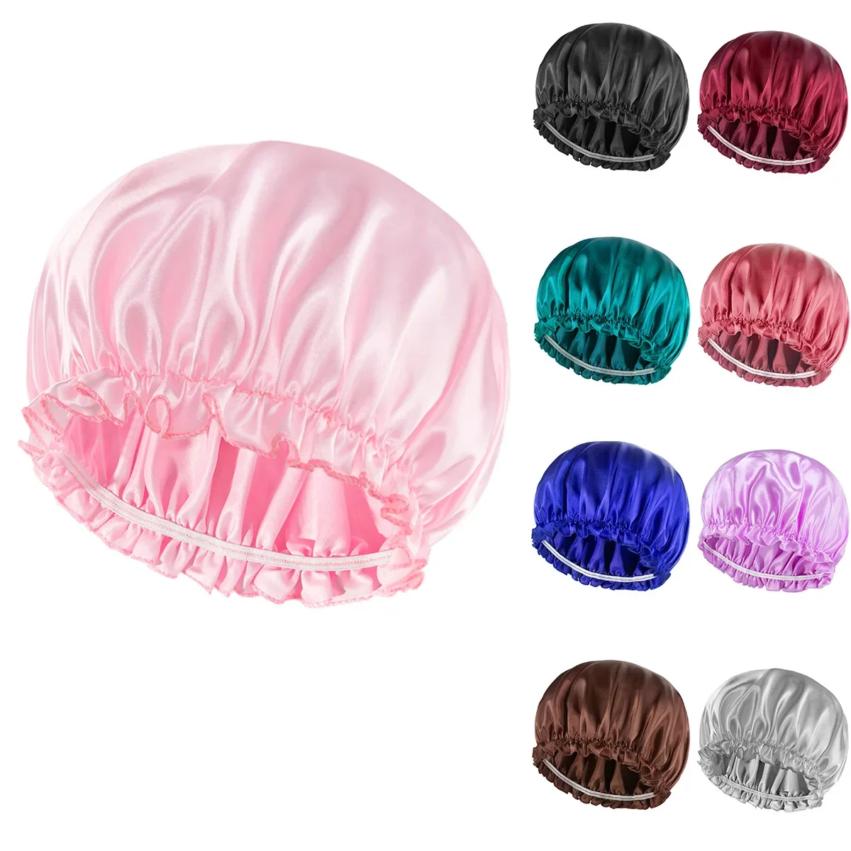 Elastic Band Hair Care Bonnets for Women Solid Color Satin Sleeping Night Caps Femme Hair Cover Beanies Shower Hats Accessories 3
