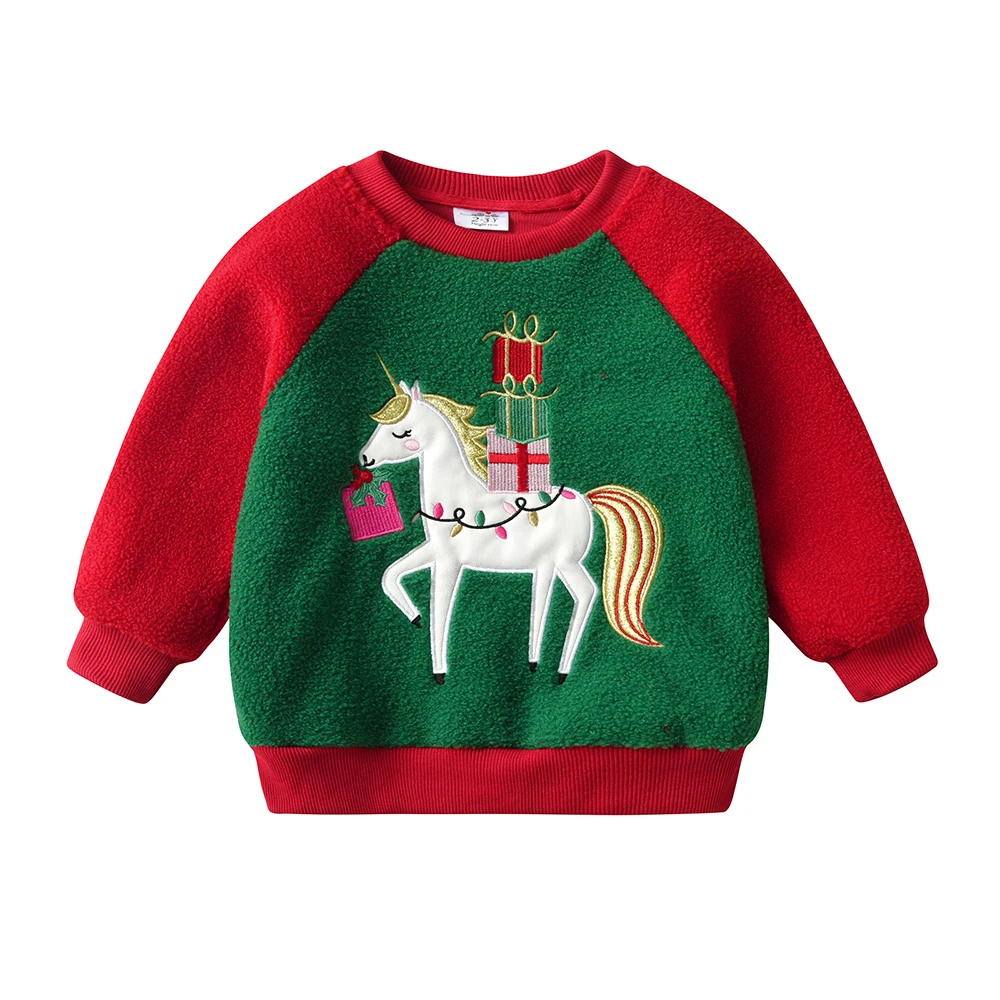 DXTON Weihnachten Kinder Mädchen Sweatshirts Polar Fleece Mädchen Pullover Tops Einhorn Applikation Warmes Baby Sweatshirt Kinder Weihnachtsgeschenk – Detail 3