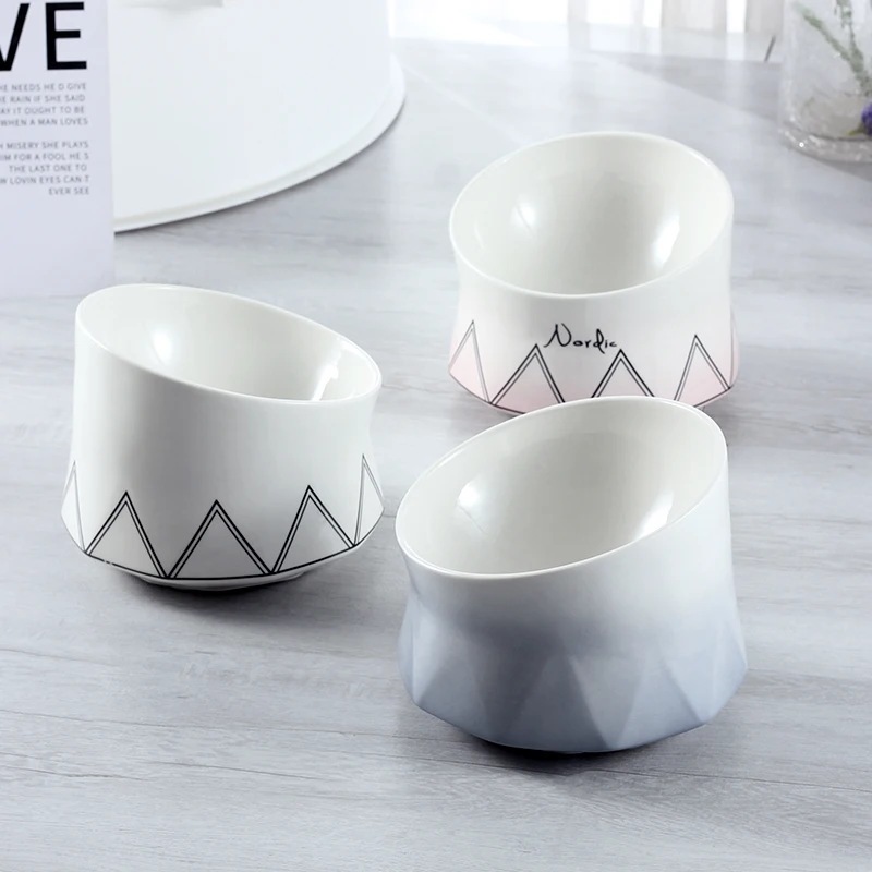 Nordic ins wind cat bowl ceramic protection cervical spine small dog high foot oblique mouth cat food bowl