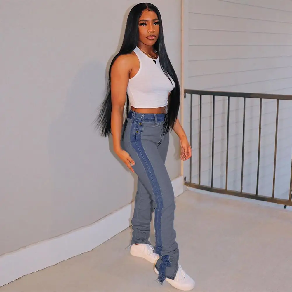 

Woman Vintage Denim Fringed Jeans Women's Straight Leg Pants Baggies Clothes Woman Fashion Streetwear Autumn and Winter