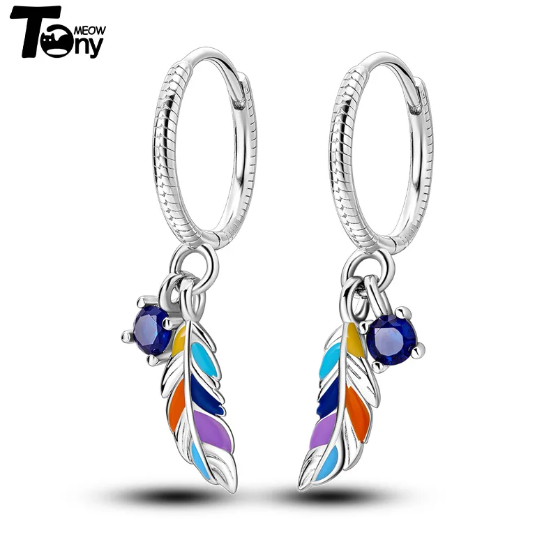 925 Sterling Silver Hoop Earrings For Women Star Moon Paint Feather Musical Note Colorful Zircon Fashion Earrings Women Gift
