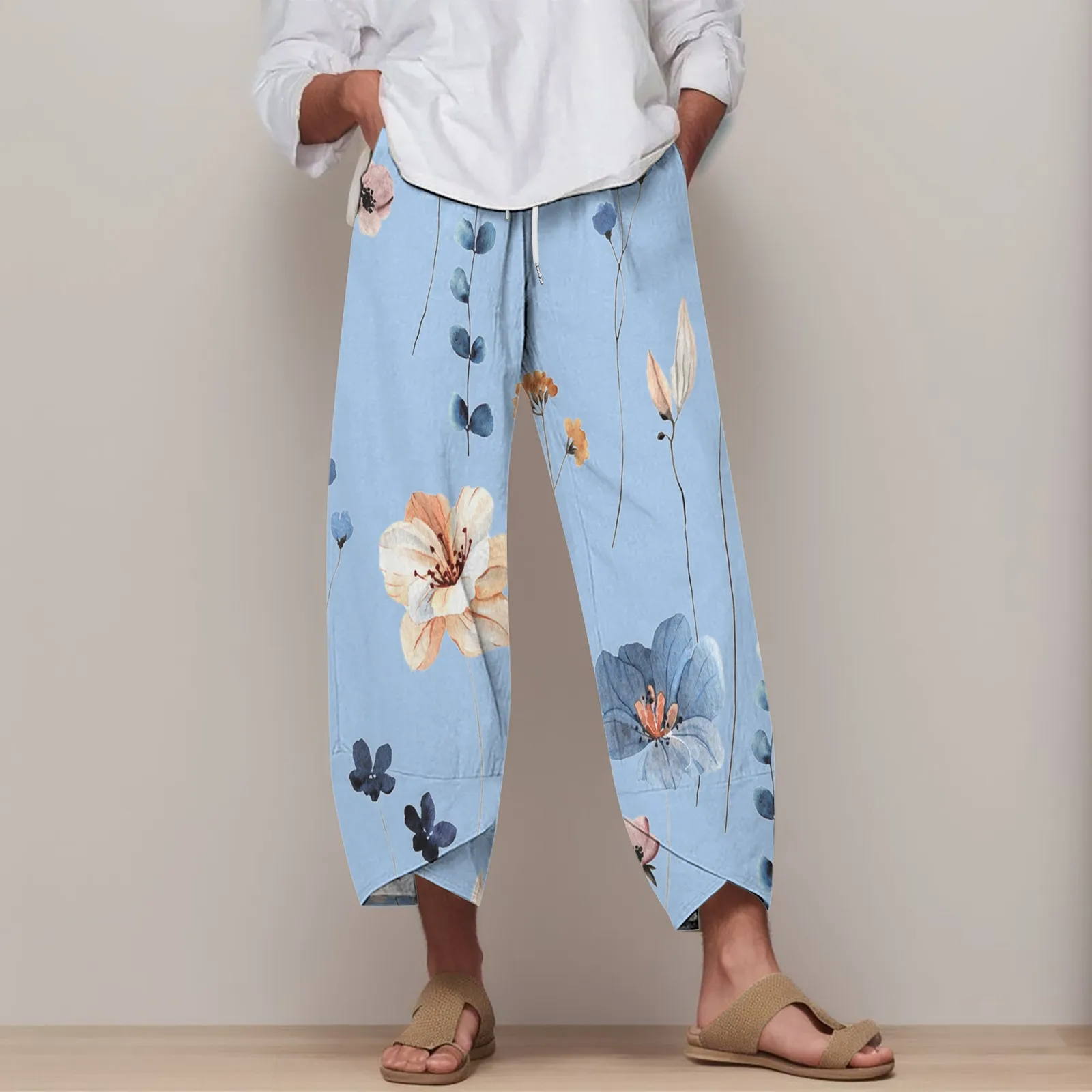 

Women Pants Summer Floral Printed Wide Leg Cropped Pants Beach Trousers Elastic Waist Baggy Loose Pockets Ladies Boho Trousers