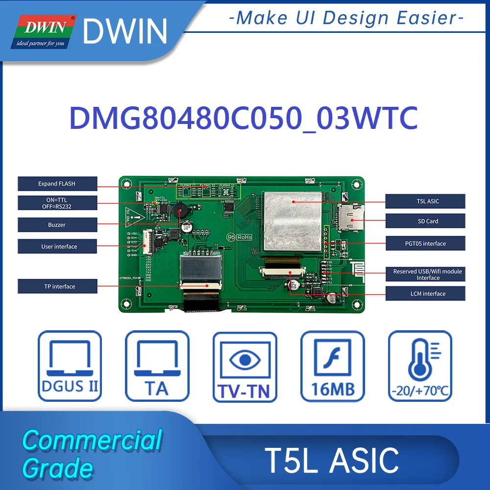 DWIN 5 Cal 800*480 inteligentny moduł wyświetlacza LCD HMI DMG80480C050_03 rezystancyjny/pojemnościowy