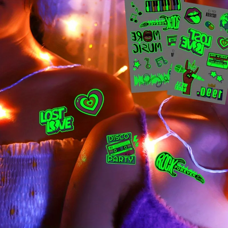 Glow-in-the-Dark Rock Music Temporary Tattoos 12pcs Guitar Keys & Notes Designs