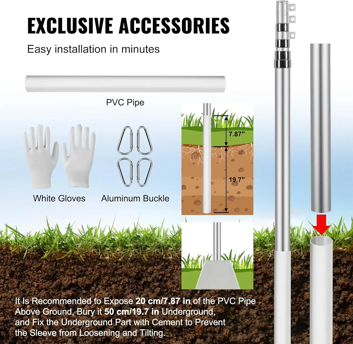 20FT Telescoping Flag Pole Kit, Heavy Duty Aluminum Alloy in Ground Flag Poles for Outside, 3 Display Modes Flagpole with 3x5