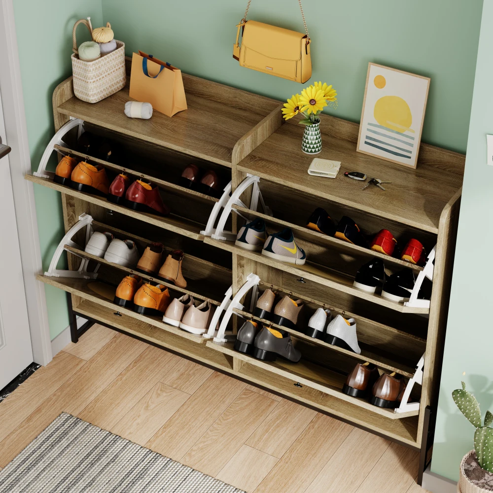 Schmaler Schuhschrank für den Flur mit 4 Klappen und verstellbarem Schuhregal – praktische, platzsparende Aufbewahrung | Halten Sie Schuhe ordentlich – Detail 6