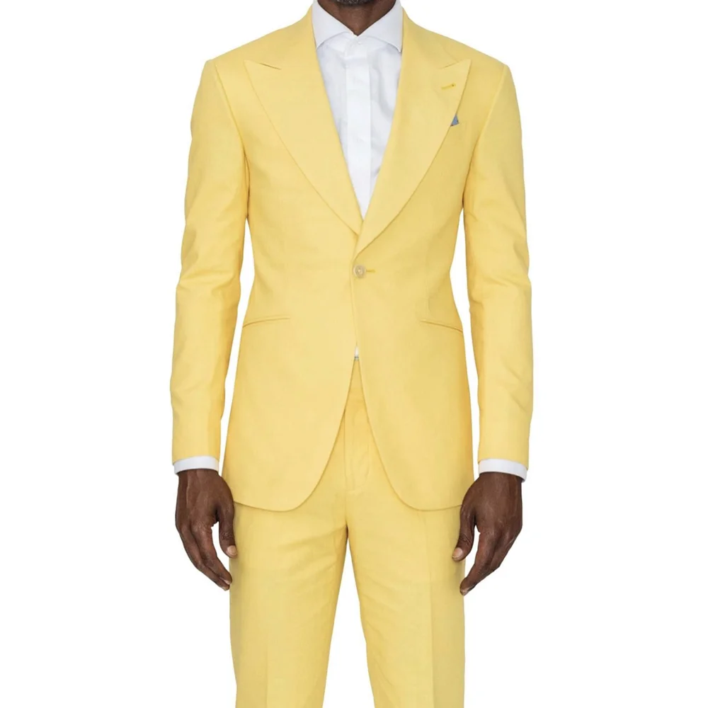 

2023 Summer Yellow Blazer Men Suits Slim Fit 2 Pieces Jacket Pants Set Fashion Casual Peak Collar Single Breasted Men's Clothes
