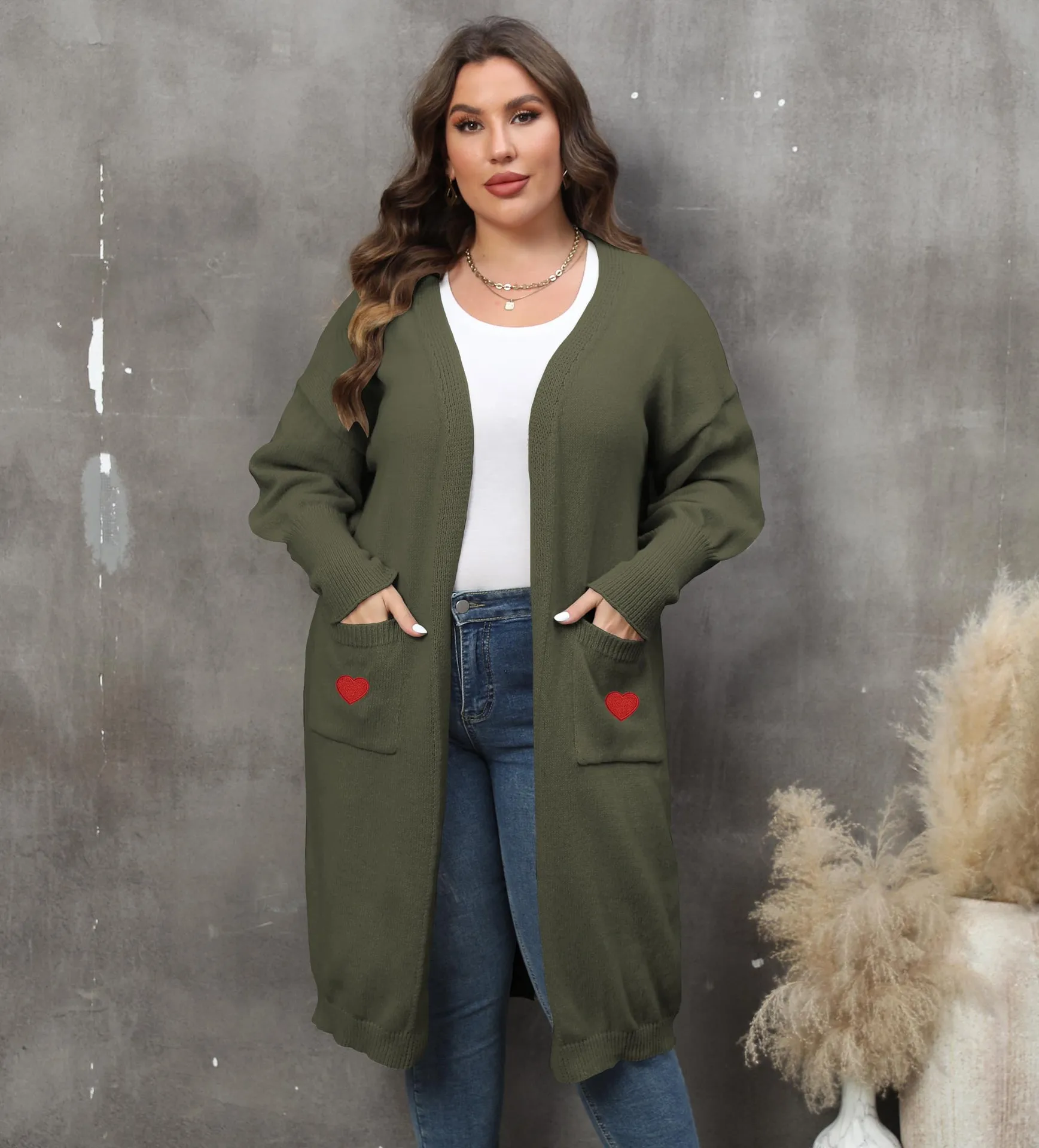 Women Coat Plus Size Medium-length Woven Sweater Double Pockets Lantern Sleeve Sweater Cardigan Casual Solid Color Outer Wear