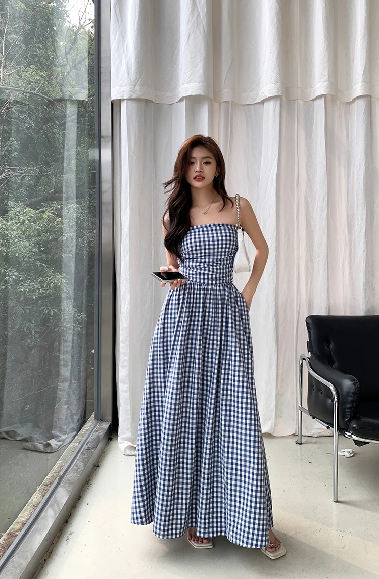 Casual Strapless Midi Dresses for Women Striped Sleeveless A-line Korean Chic Summer New Party Dress Vestidos Mujer