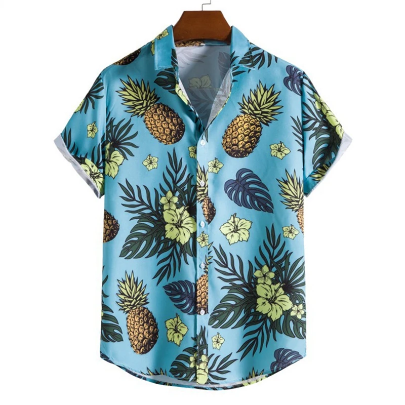 

Рубашка мужская с 3D-принтом тропических фруктов, модная уличная блузка с коротким рукавом в гавайском стиле, топы с лацканами, на пуговицах, свободная кофта, лето