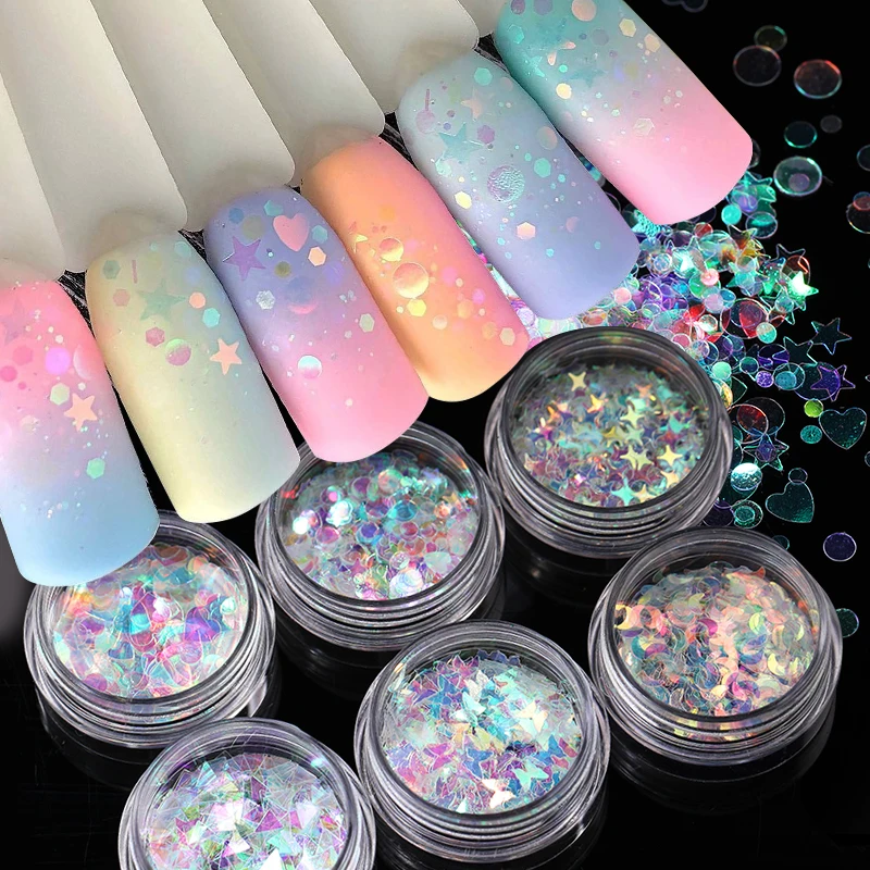  1Box Round Heart Flake Nail Glitter Holographic Butterfly Star Moon Mirror Sequins Gradient Pearl Ultra Thin Slice Decoration