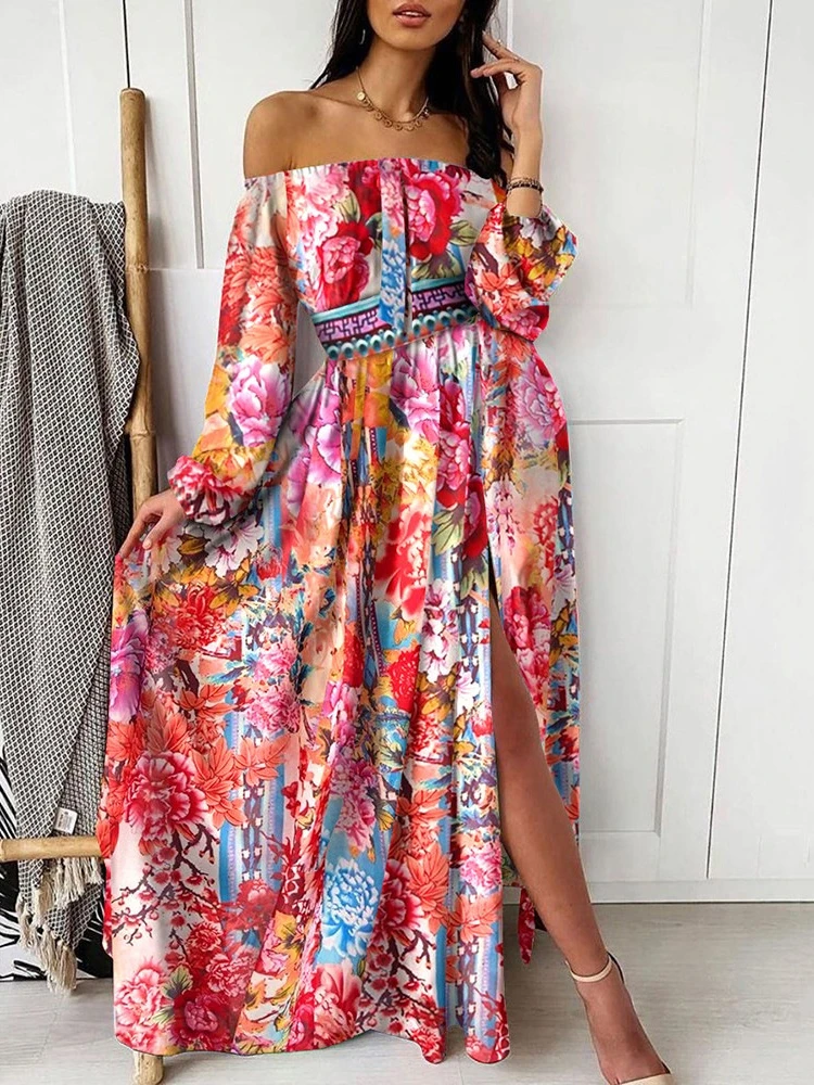 

Women Print Evening Sexy Dress for Summer One-shoulder Pullover Retro Large Swing Split Skirt Long Sleeve Dresses for Women