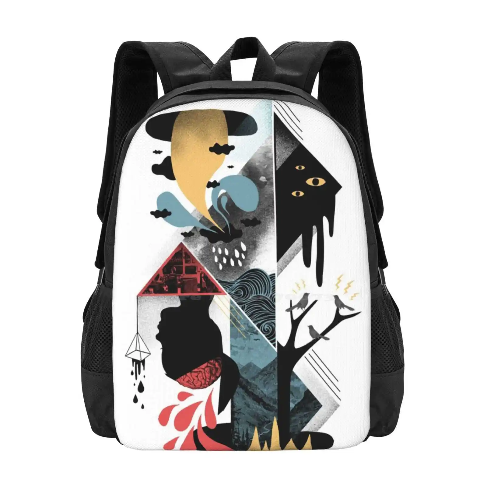

Shapes And Nightmares Pattern Design Bag Student'S Backpack Surreal Abstract Collage Shapes Nightmares Swirls Birds Clouds