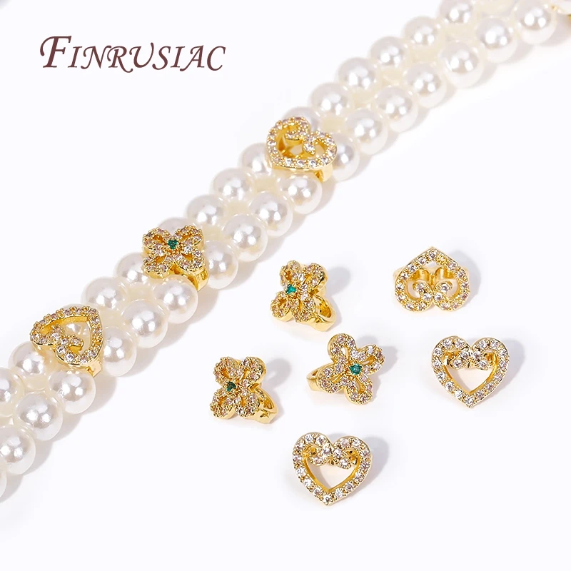 

18K Gold Plated Inlaid Zircon Heart Spacer Connector For 2-row Pearl Jewelry Accessories,Spacer Separator Beads Wholesale