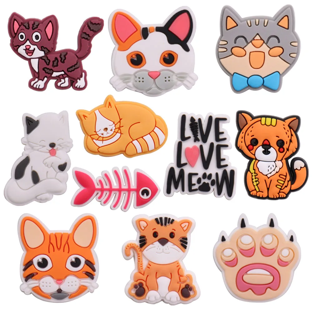 

New Arrival 1pcs PVC Kawaii Shoe Charms Fit Wristbands Cats Live Love Meow Fish Bones Hole Slipper Decoration Shoe Accessories